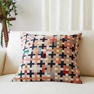 West Elm Embroidered Crewel Checkered Patchwork 20x20 Pillowcase